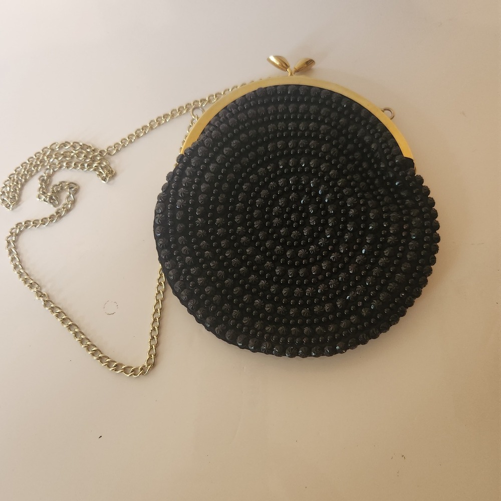 Vintage Artel Montreal Black Beaded Round Evening Bag Gold Kiss Lock Crossbody